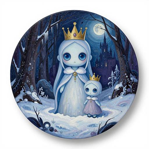 Digital art: Chibi-style, white-skinned, blue-eyed creatures with golden crowns, standing in snowy forest under full moon, surrounded by ic