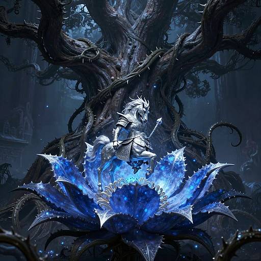 Digital fantasy artwork: A glowing blue, crystalline flower with sharp edges is centered among dark, twisted tree roots in a mystical, shadowy forest.