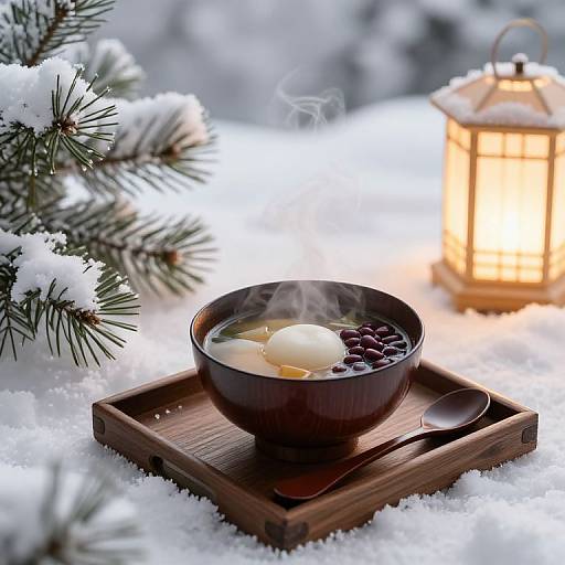 Cozy Shiruko in Serene Winter Scene