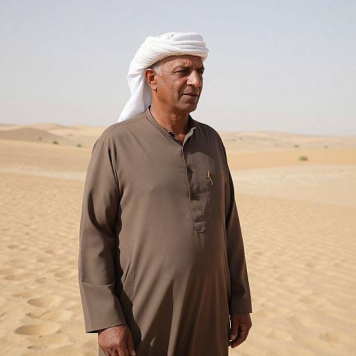 Photograph of an older Middle Eastern man with weathered skin, wearing a white headscarf and brown traditional thobe, standing in a bright,