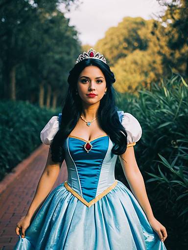Photograph of a woman with long black hair, wearing a blue princess dress, white puffed sleeves, silver tiara, and necklace, standing on