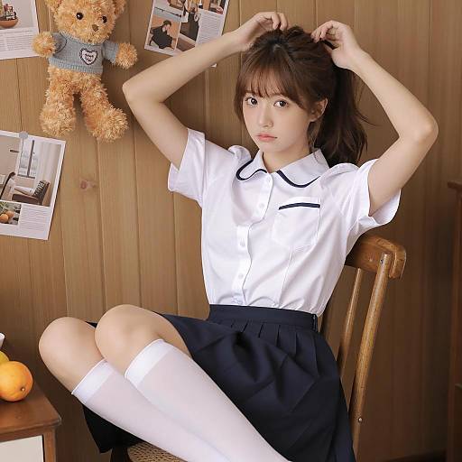 School Girl Posing with Teddy Bears