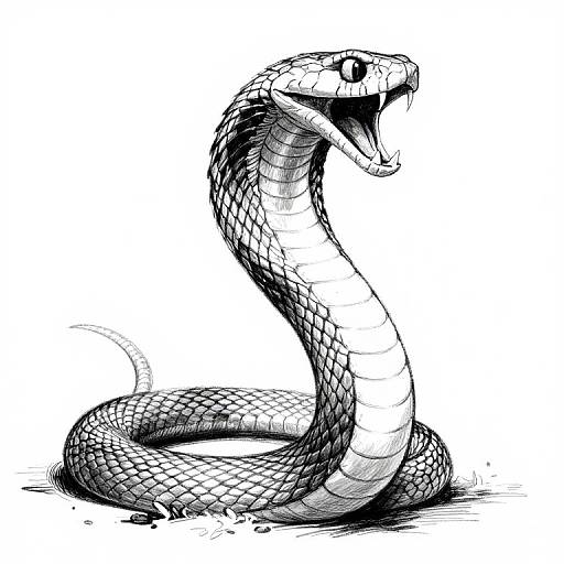Black and white ink drawing of a coiled, open-mouthed snake with detailed scales, realistic textures, and a fierce expression.