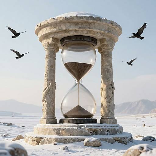 Photorealistic CGI of an ancient-style hourglass on a snowy, mountainous landscape, flanked by flying black birds, with detailed stone pillars.