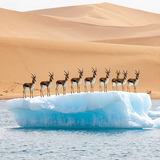 Photograph of seven antelopes standing on a blue iceberg in a desert, with orange sand dunes and clear water in the background.