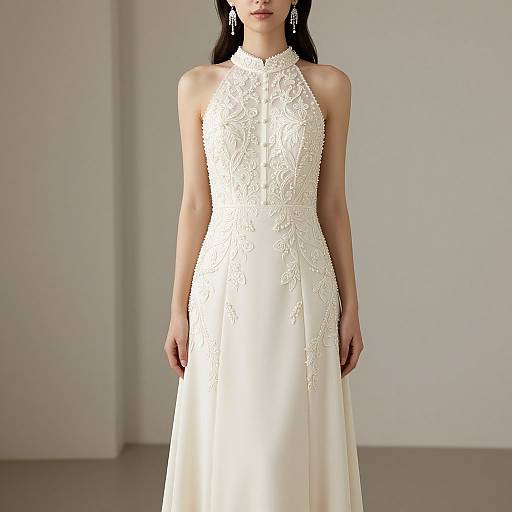 Photograph of a slim Asian woman in an elegant, sleeveless, white lace wedding gown with a high neckline, standing in a plain, minimalist room