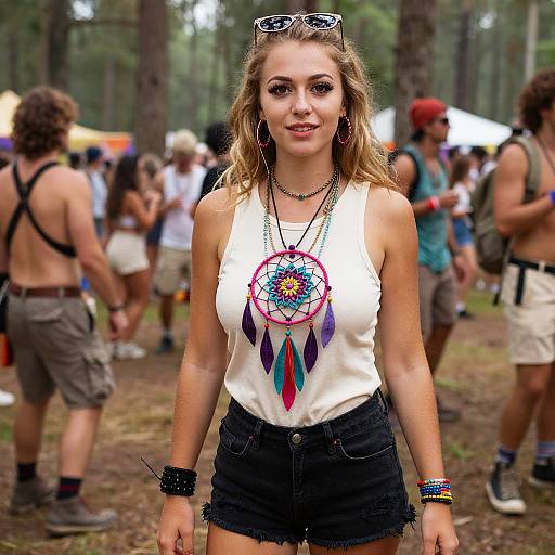 Photograph of a blonde woman with wavy hair, wearing a white tank top with a colorful dreamcatcher necklace, black shorts, and multiple bracelets
