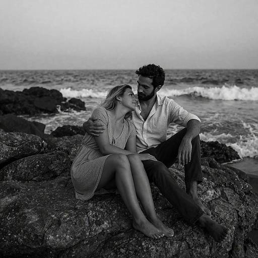 Couple Embracing on Rocky Beach at Dusk
