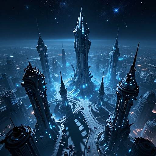CGI digital artwork of a futuristic, blue-lit cityscape with towering, spire-like skyscrapers, winding roads, and a starry