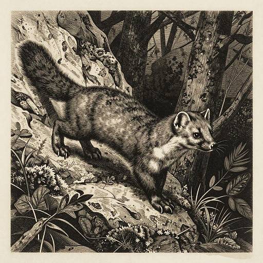 Monochrome Relief Woodcut of Pine Marten in Forest