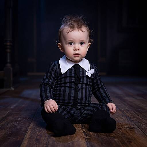 Photograph of a baby with light skin and blue eyes, wearing a black plaid suit with a white collar, sitting on dark wooden floor against a