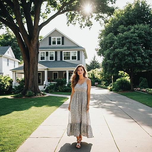 Young Woman in Light Grey Sundress on Suburban Street