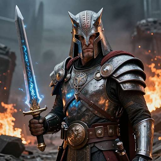 Digital art of a muscular, armored warrior with a glowing blue sword, medieval helmet, and fierce expression, standing amidst fiery chaos.