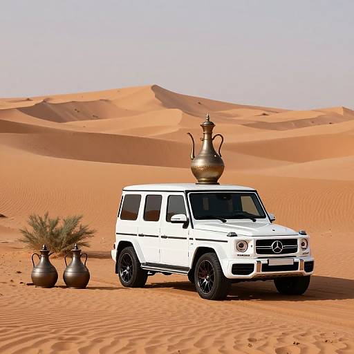 Photograph of a white Mercedes SUV with three bronze Middle Eastern-style pottery jars, one on top, in a sunny, orange desert with rolling sand d
