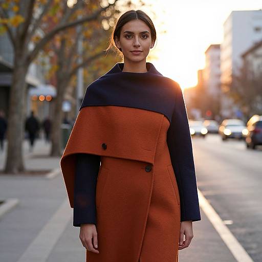 Elegant Woman in Two-Tone Coat at Sunset