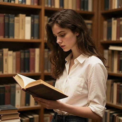 Photograph of a young woman with wavy brown hair, wearing a white button-up shirt, reading a book in a library with wooden bookshelves