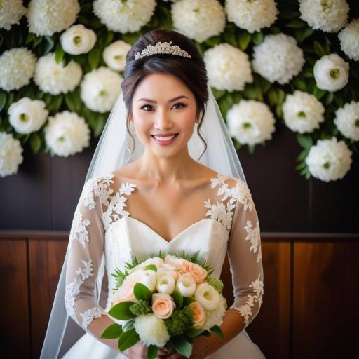 Smiling Asian Bride in Lace Wedding Dress