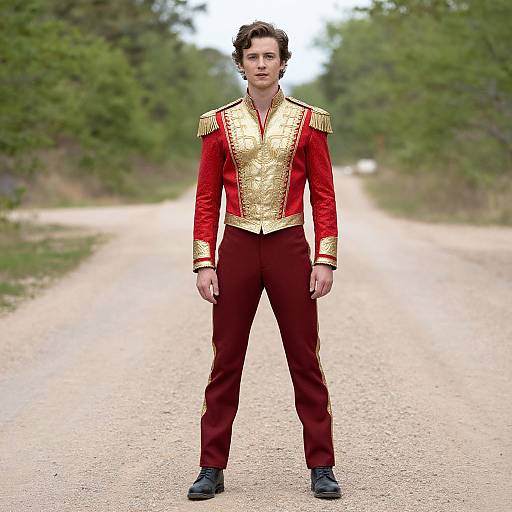 Photograph of a young man with curly brown hair, standing on a gravel path, wearing a red and gold military-style jacket with epaulettes