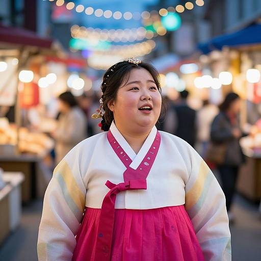 Photograph of a smiling Korean woman in traditional hanbok with white top and red skirt, standing in a brightly lit, bustling market.