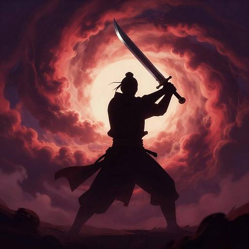 Silhouetted Warrior in Fiery Cloud Vortex