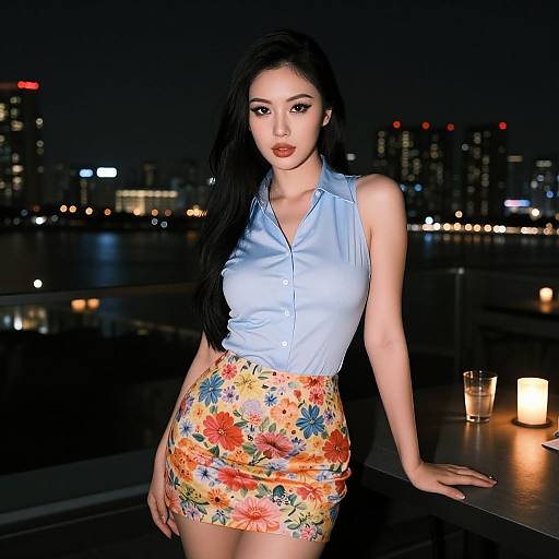 Photograph of an Asian woman with long black hair, wearing a light blue sleeveless blouse and colorful floral skirt, leaning on a balcony at night with