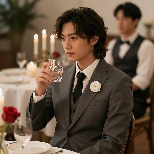 Man in Gray Suit Drinking at Candlelit Dinner