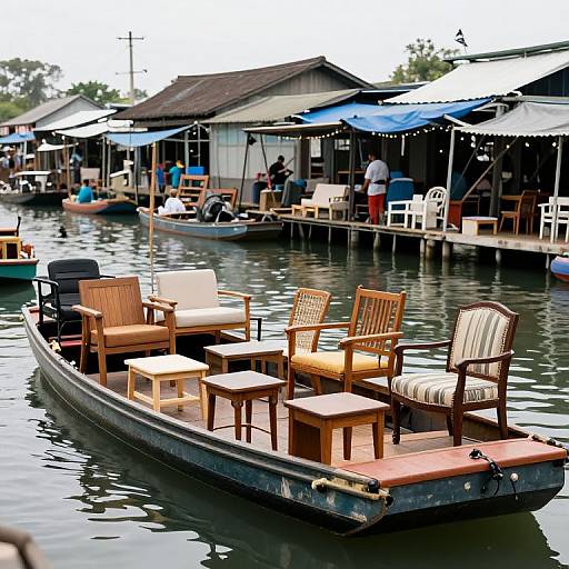 Photograph of a floating boat with wooden chairs and cushions on calm water, next to a dock with shaded, rustic buildings.