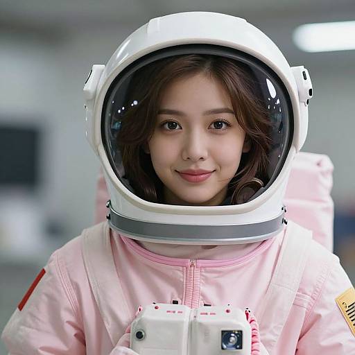 Photograph of an Asian woman with fair skin and brown hair, smiling in a white space suit with a pink jacket, wearing a clear helmet, in
