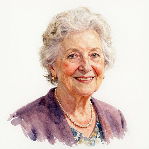 Watercolor portrait of an elderly woman with curly white hair, smiling warmly, wearing a purple jacket, pearl necklace, and floral blouse.