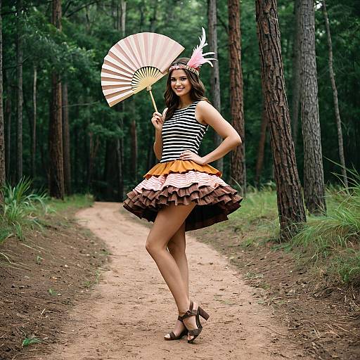 Young Woman in Fantasy Costume with Fan in Forest