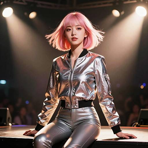 Photograph of an Asian woman with pink bob haircut, wearing a shiny silver zip-up jacket and matching pants, seated on a stage under bright lights.