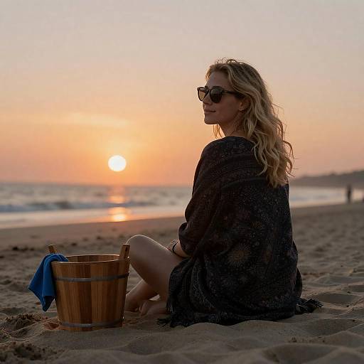 Sunset Beach Scene with Smiling Blonde Woman