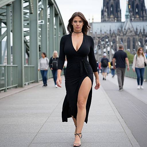 Photograph of a confident woman with dark hair in a deep V-neck black dress and high slit, walking on a bridge, with blurred pedestrians and a