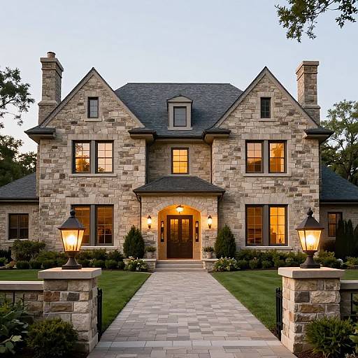 Photograph of a two-story, stone-front, colonial-style house at dusk, with illuminated lanterns, symmetrical windows, and a central arched
