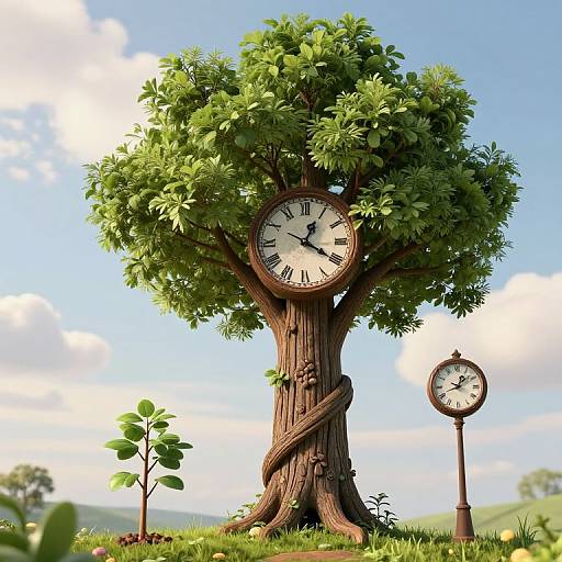 Photograph of a whimsical clock tree with green leaves, brown trunk, and Roman numerals, beside a smaller clock, set in a sunny,