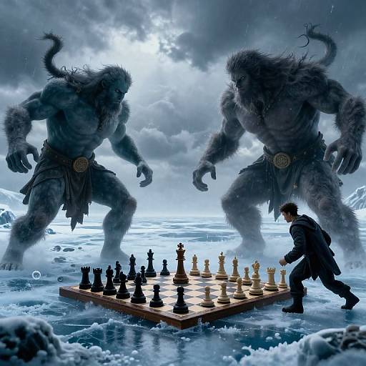 Digital artwork: A dark-haired man in dark clothes plays chess on an icy sea, flanked by two towering, fur-covered, muscular minotaur