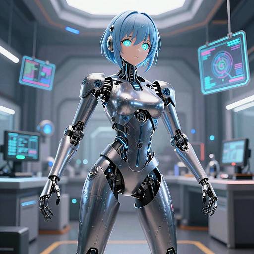 CGI image of a blue-haired, glowing-eyed, silver robotic woman with a sleek, futuristic design standing in a high-tech lab with holographic screens