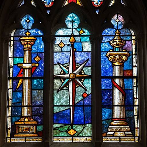 Stained glass window depicting two ornate columns with star-shaped central design, surrounded by vibrant blue, red, and yellow glass.