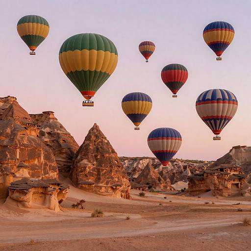 Colorful Balloons Over Sunlit Desert Cliffs