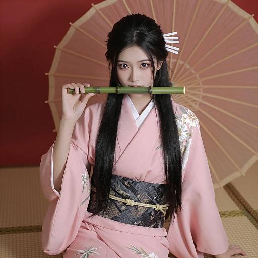 Asian Woman in Pink Kimono Holding Bamboo Stick