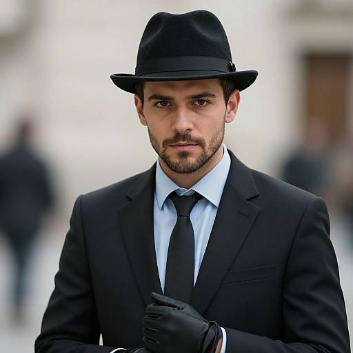 Photograph of a handsome, bearded man in a black suit, tie, and gloves, wearing a black fedora, with a serious expression.