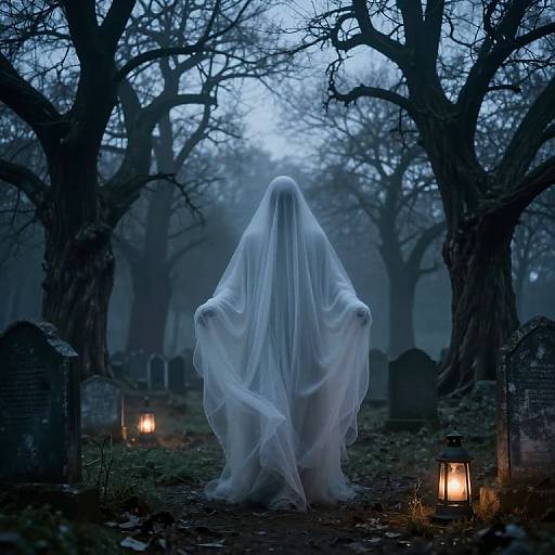 Photograph of a ghostly figure in a billowing white sheet standing in a foggy, eerie graveyard with lanterns, tombstones, and bare