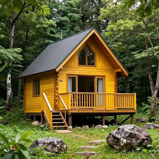 Photograph of a vibrant yellow wooden cabin on stilts, nestled in a lush green forest with a sloping gray roof and wooden porch. Surrounding