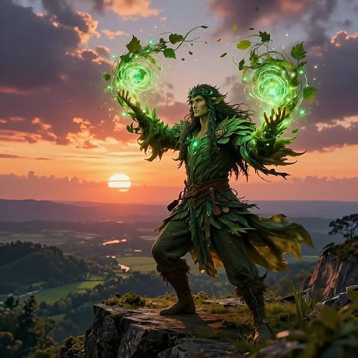 Digital artwork of a green-clad, leafy-crowned wizard with glowing green energy circles in both hands, standing on a rocky cliff at sunset,