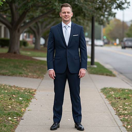 Photograph of a smiling Caucasian man in a dark navy suit, white shirt, and black shoes standing on a suburban sidewalk.