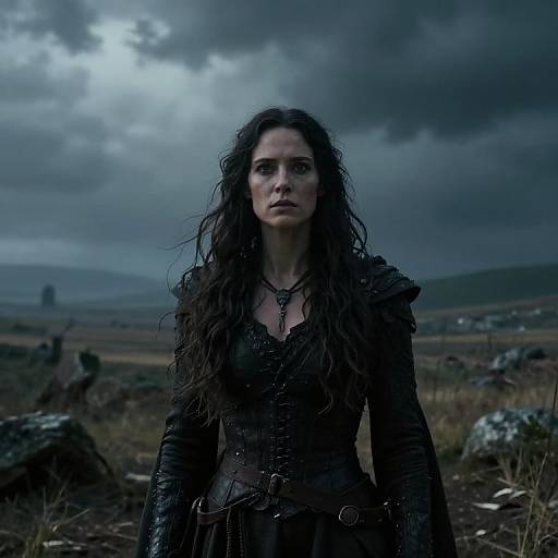 Photograph of a dark-haired woman in a black, medieval-style dress, standing in a moody, cloudy landscape with rocky terrain.