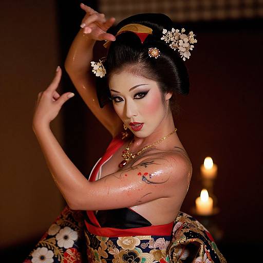 Photograph of an elegant Asian woman in a traditional floral kimono, adorned with hairpins, raising her arms gracefully, illuminated by soft candlelight.