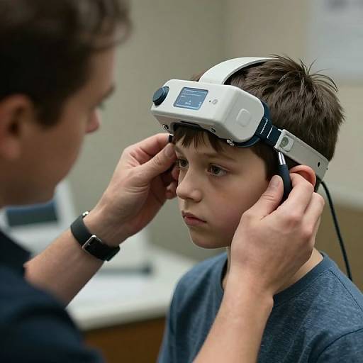 Photograph of a man adjusting a white virtual reality headset on a young boy with short brown hair, wearing a blue shirt.