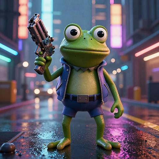 CGI image of a green frog in a blue vest and denim shorts, holding a gun, standing on a neon-lit, rainy city street at