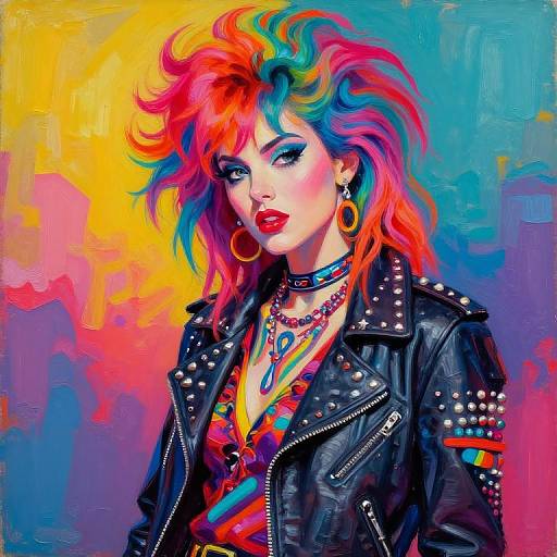 Vibrant digital painting of a punk woman with rainbow hair, bold makeup, red lipstick, colorful necklaces, black studded leather jacket, against